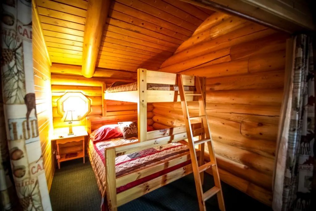 A bunk bed with a ladder in a log cabin.