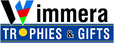 A logo for wimmera trophies and gifts.