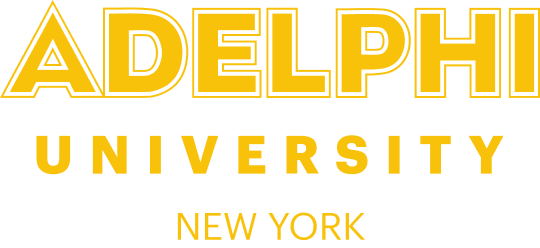 Adelphi University logo in yellow with white outline. Text reads: 