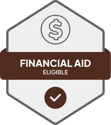 Badge: Financial Aid Eligible, blue banner, building icon, dollar sign.