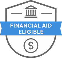 Badge: Financial Aid Eligible, blue banner, building icon, dollar sign.