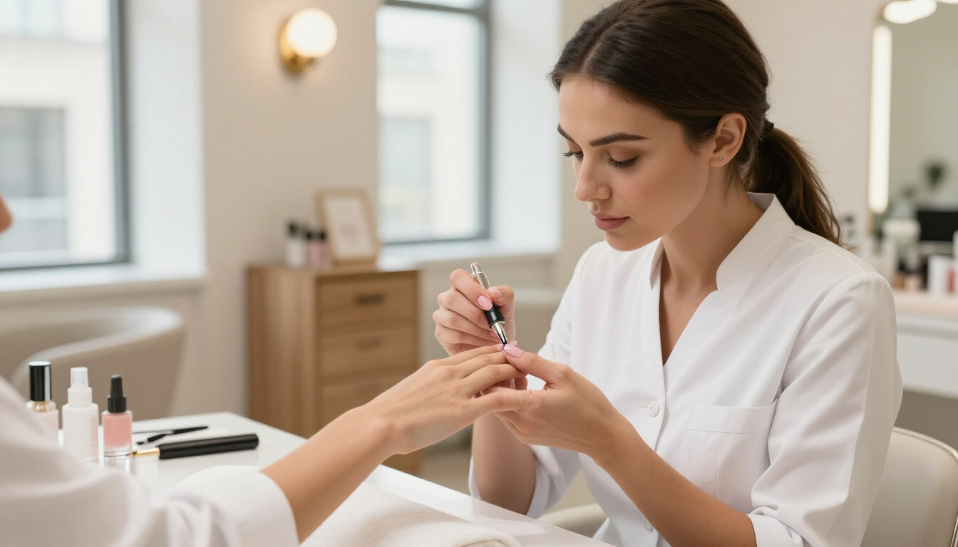 Especialista en uñas aplicando un diseño premium en un salón de belleza