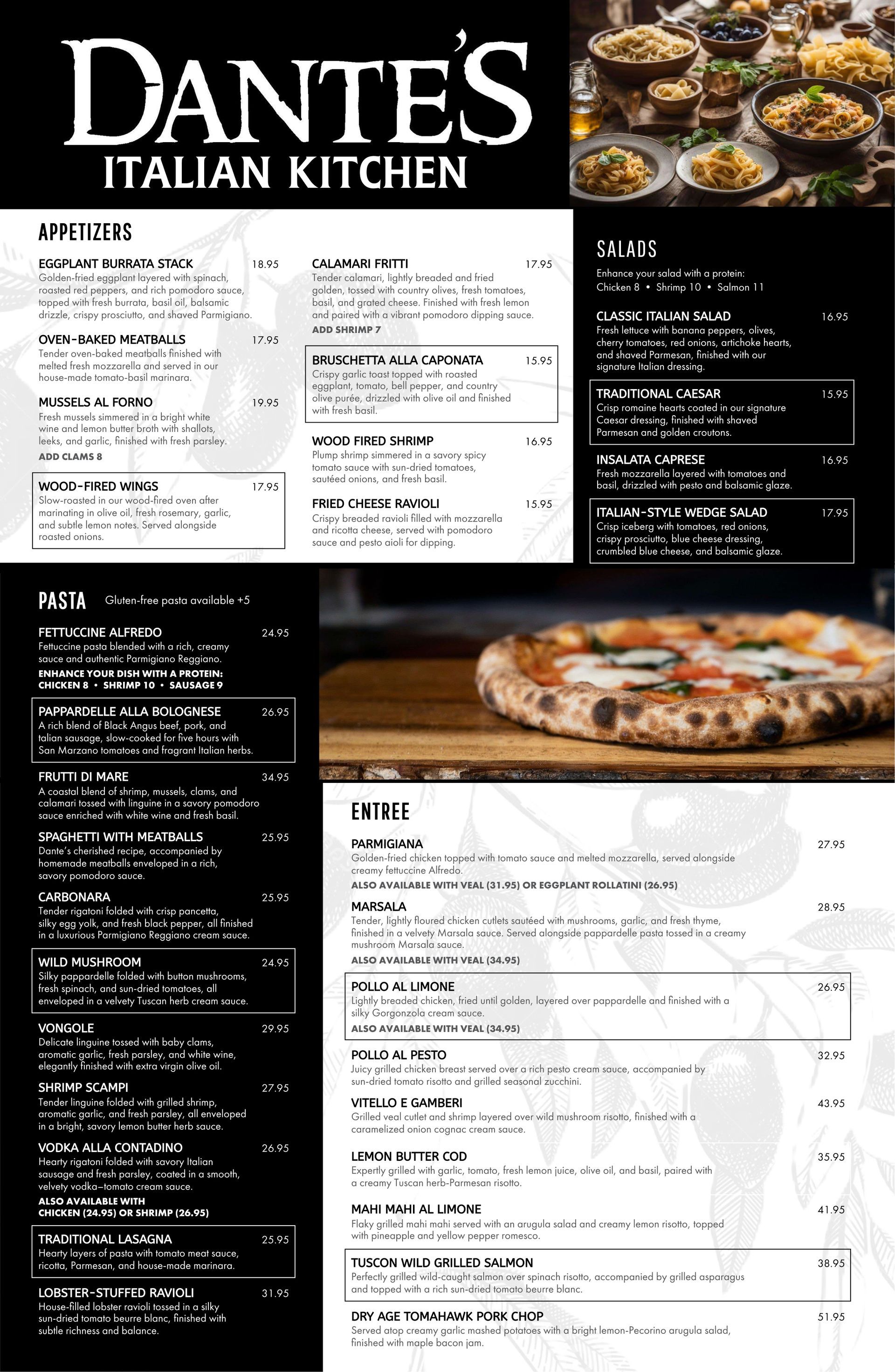 A menu for a restaurant called dantes with a pizza on it