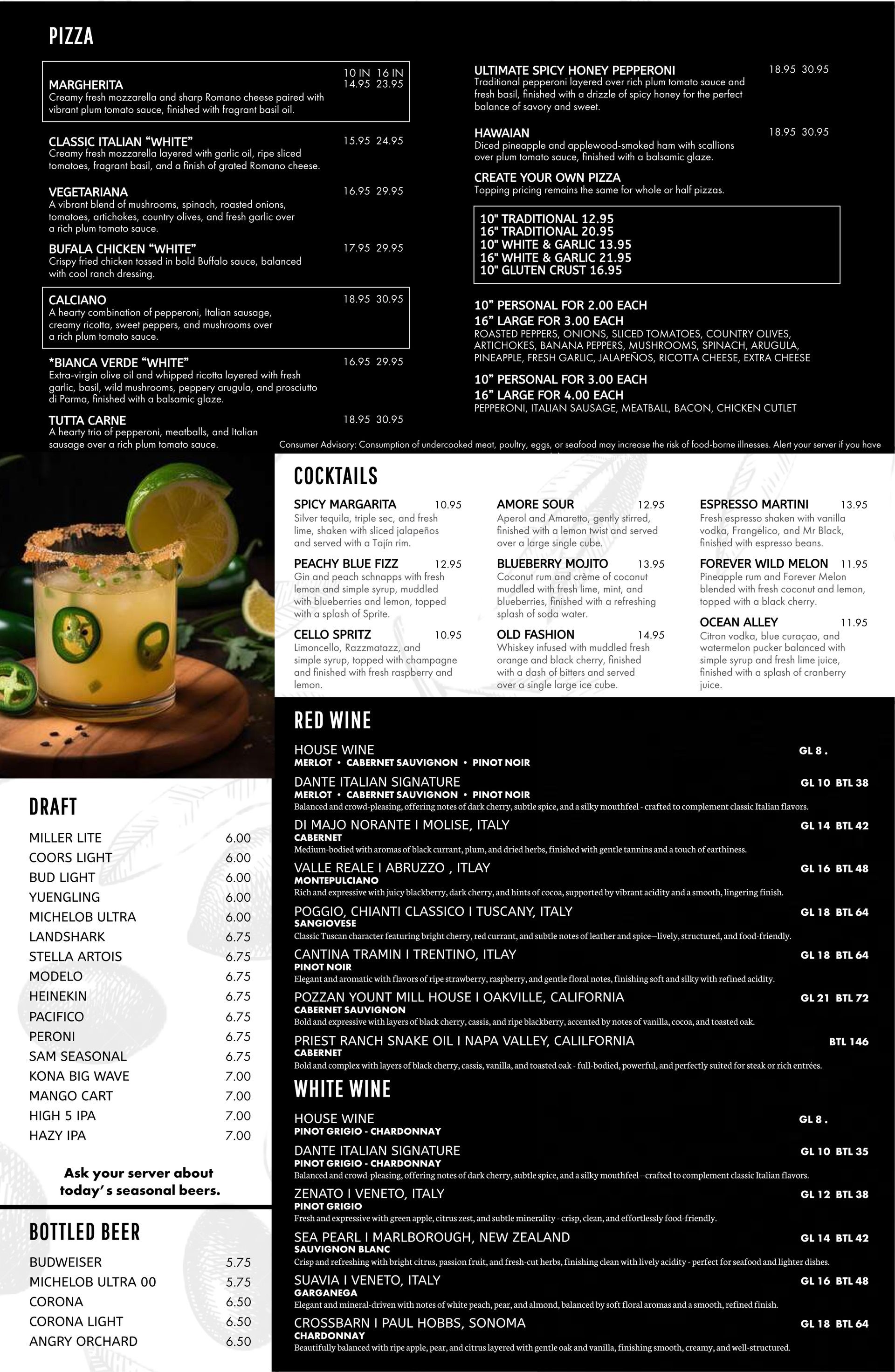 A chalkboard menu for a restaurant that includes pizza