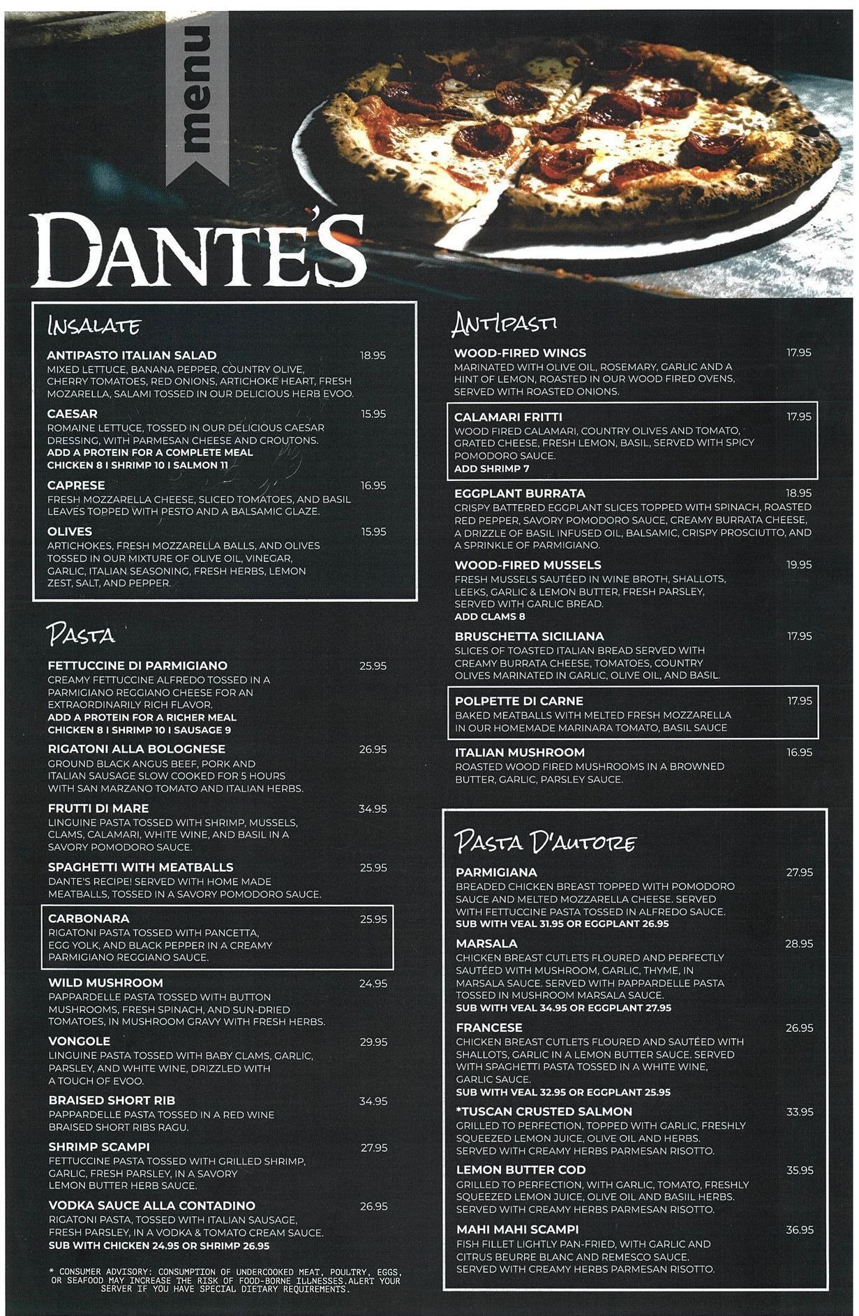 A menu for a restaurant called dantes with a pizza on it