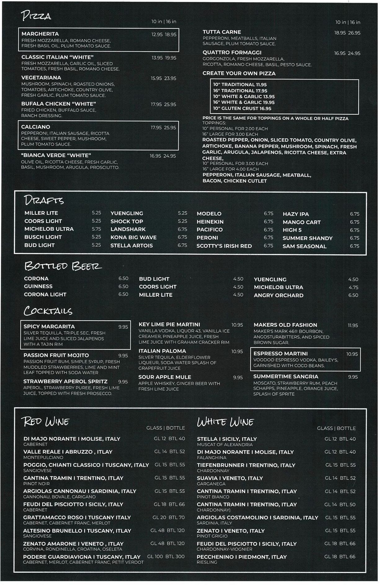 A chalkboard menu for a restaurant that includes pizza