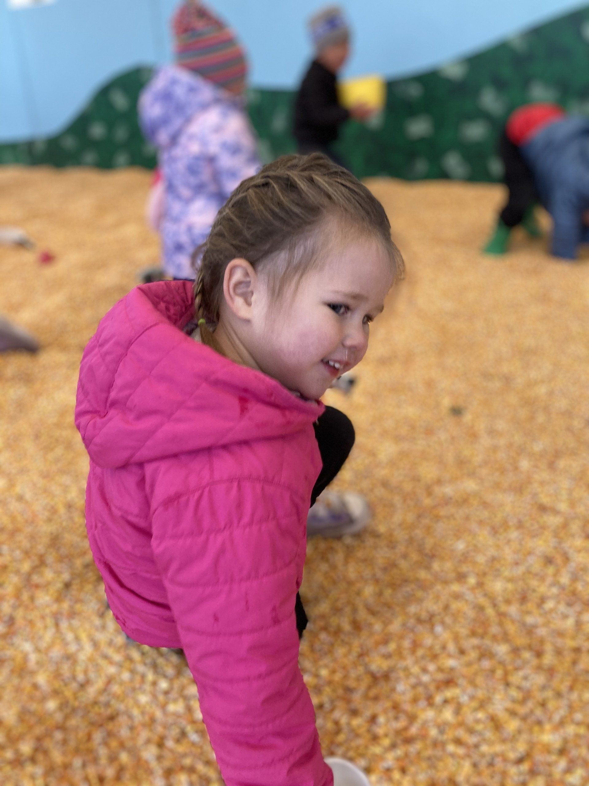 A little girl in a pink jacket