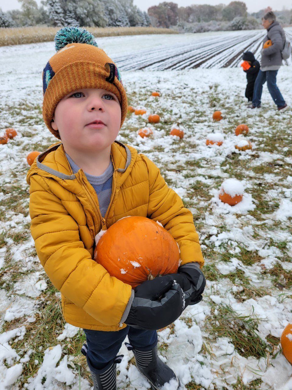 A young boy in a yellow jacket is holding a pumpkin 
