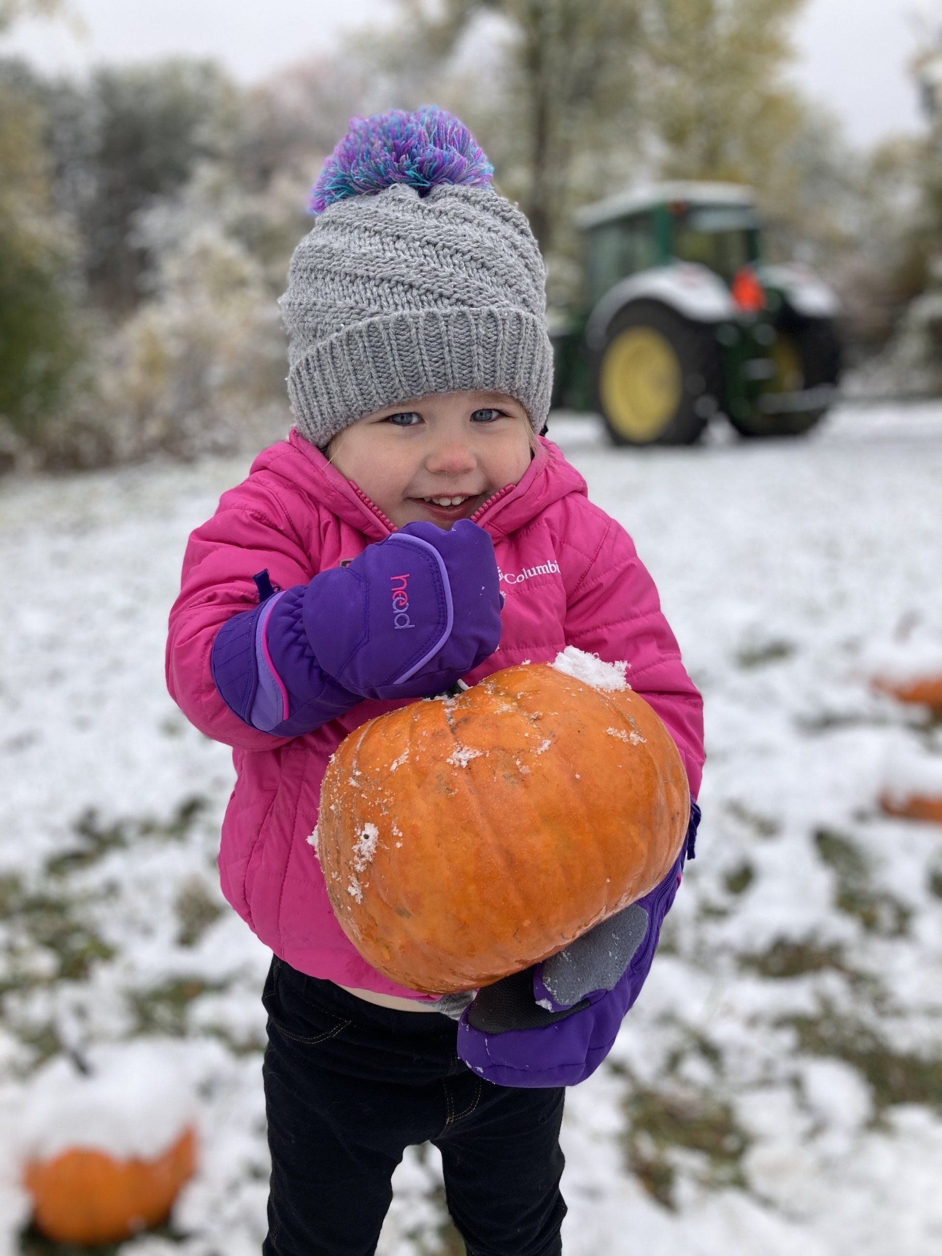 A little girl in a pink jacket and purple mittens