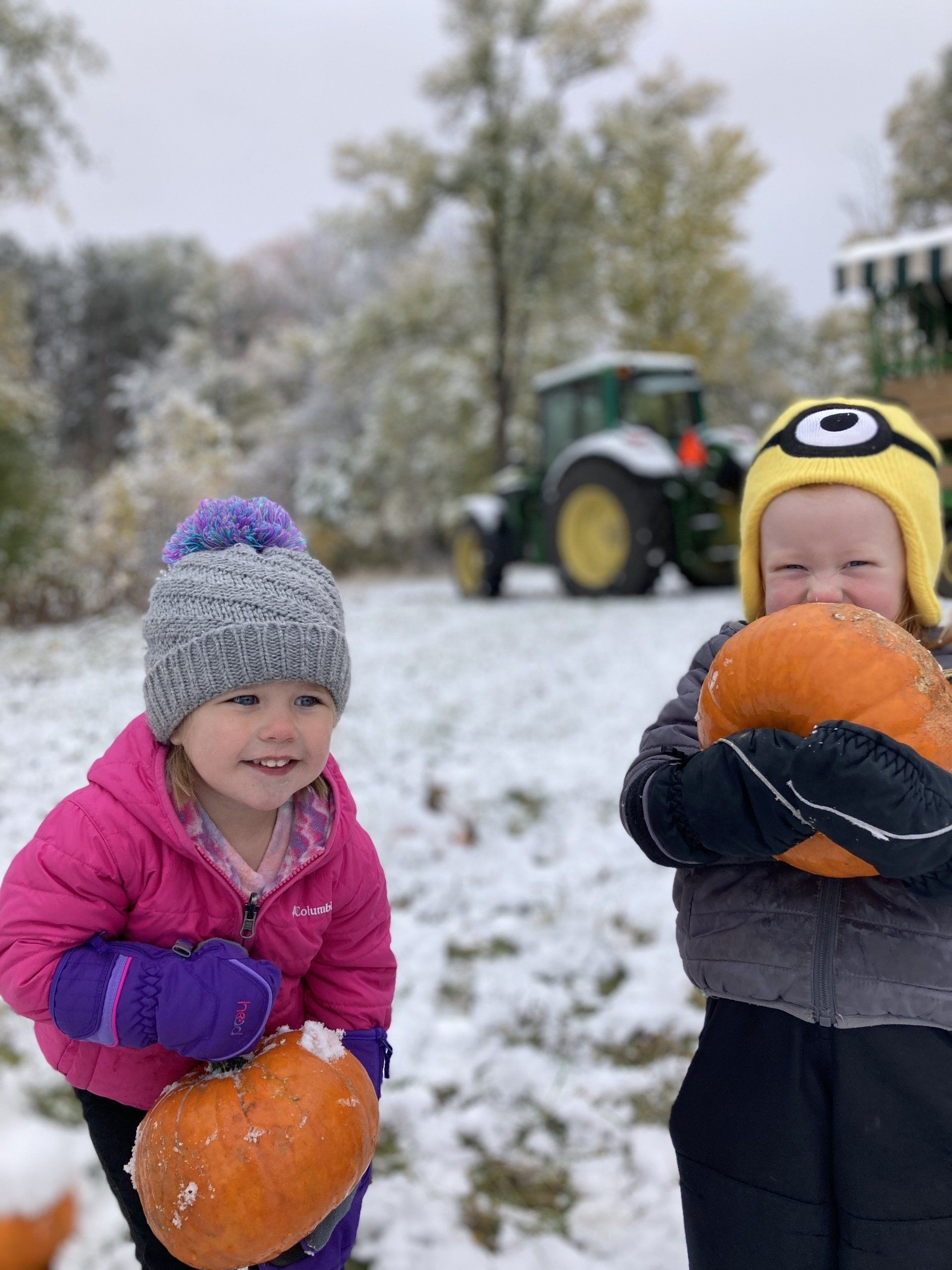 A boy and a girl are holding pumpkins in the snow
