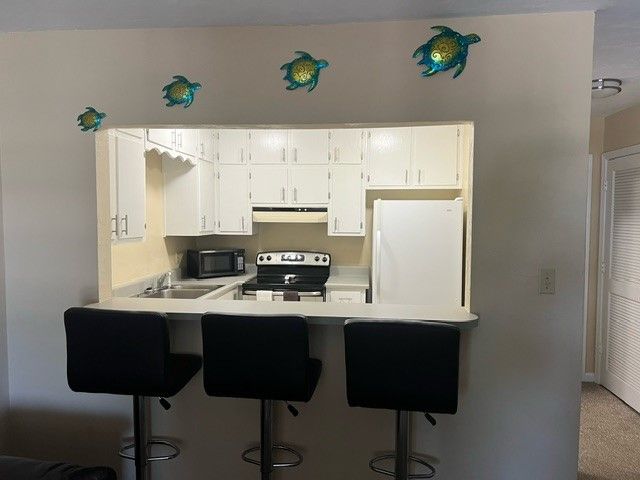 A kitchen with three turtles painted on the wall