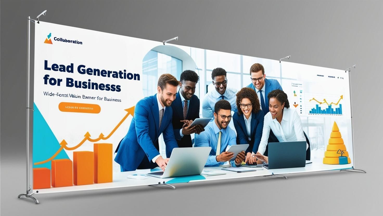 A group of people are sitting around a table with laptops and a sign that says lead generation for businesses