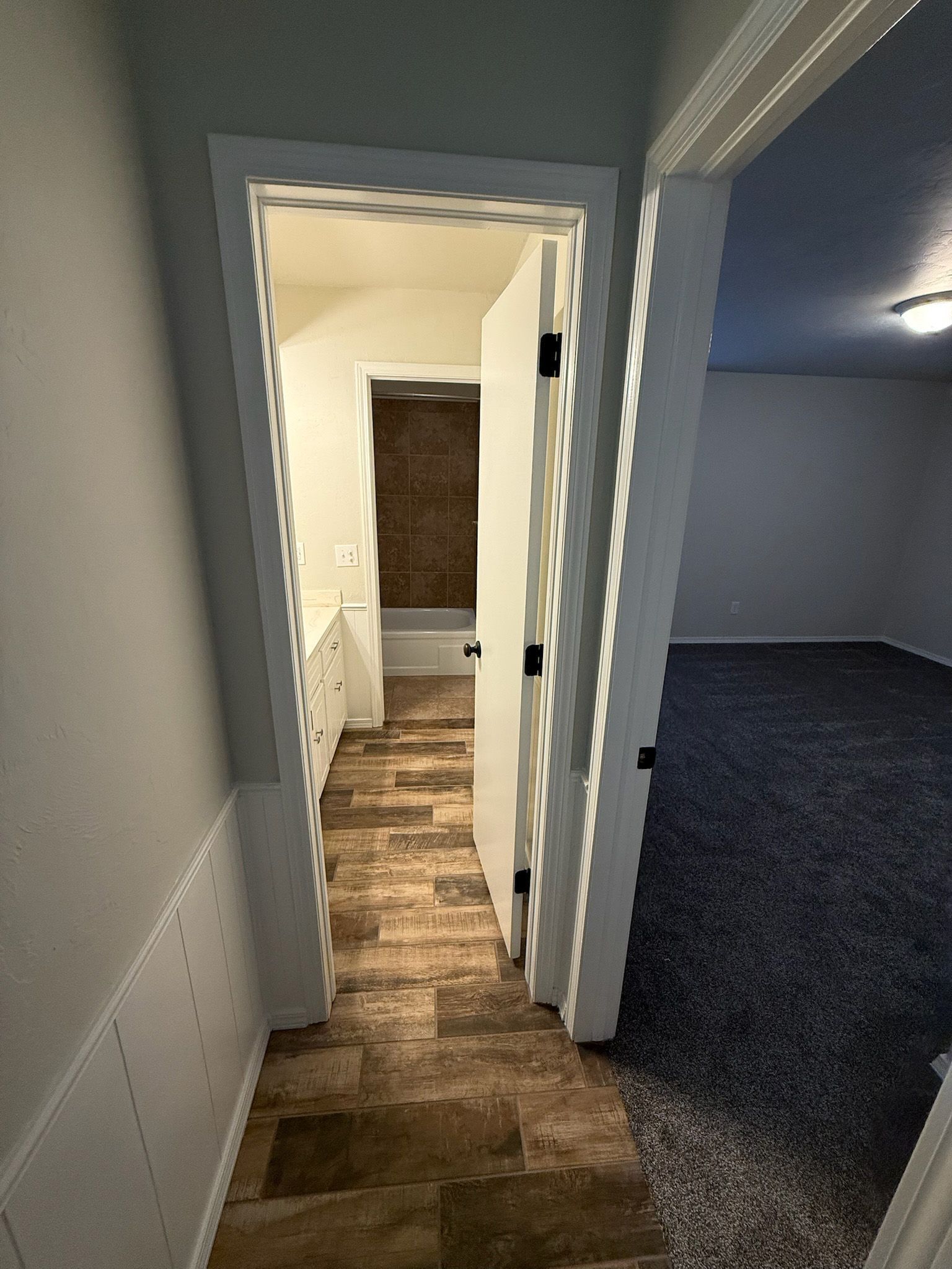 Open doorway leading to bathroom with a white vanity and shower. Adjacent room has dark carpet and gray walls.