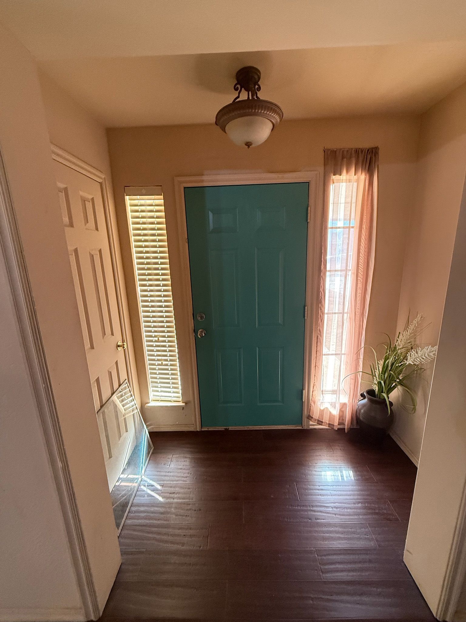 Teal front door in a hallway with dark wood floor, flanked by sidelights and a tall white cabinet.