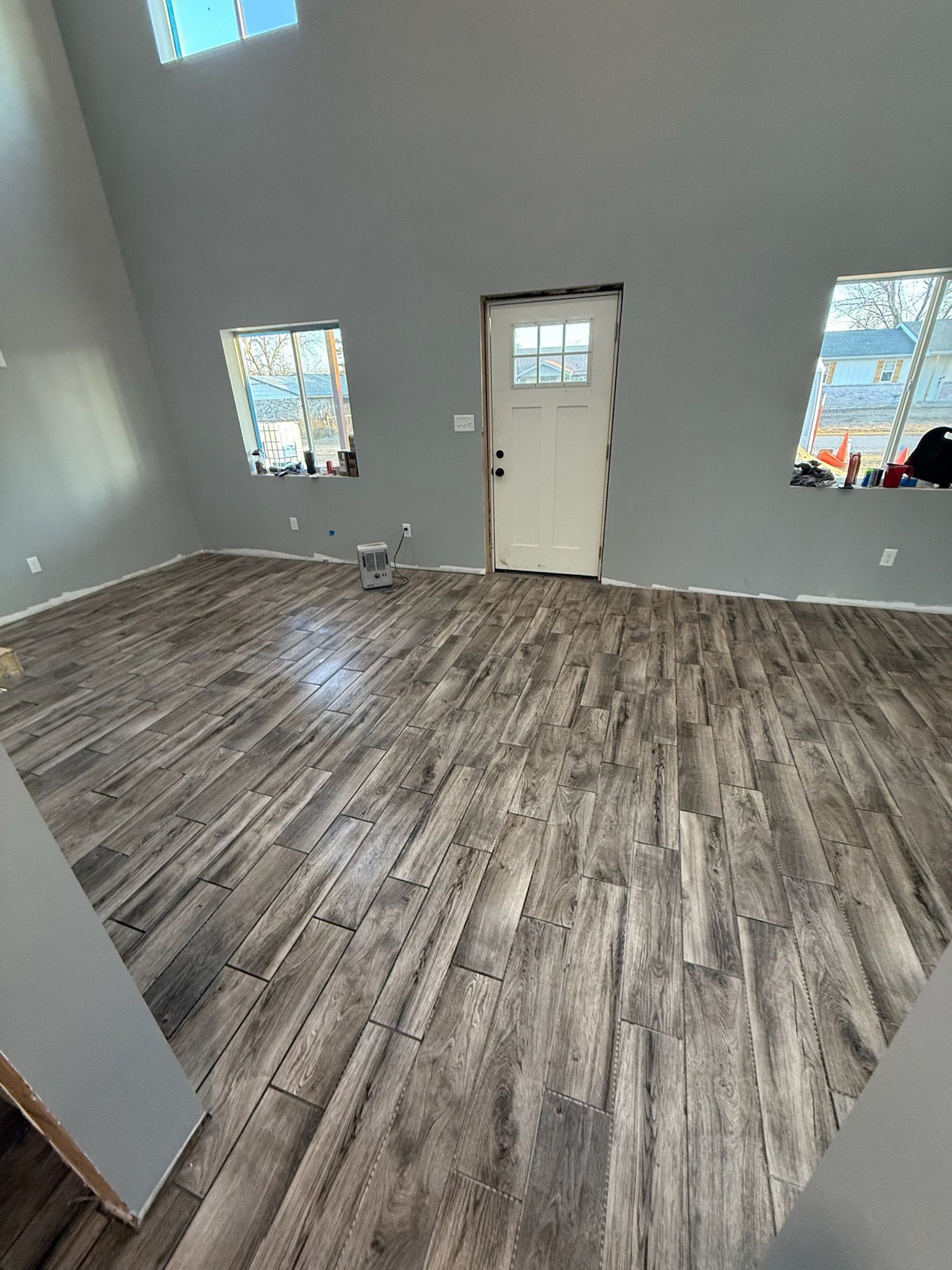Grey-walled room with wood-look flooring and a white door. Two windows let in light.