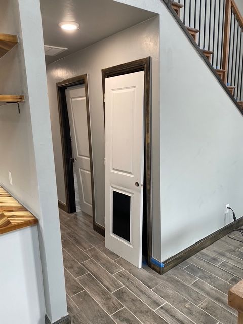 Hallway with two white doors, one ajar revealing a dog door, beneath a staircase. Gray walls, wood trim.
