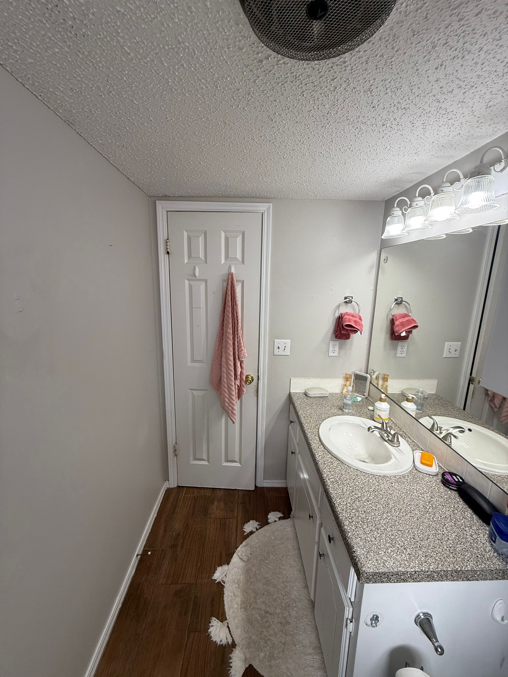Bathroom with a vanity, door, and a plush rug on the floor. The walls are grey.