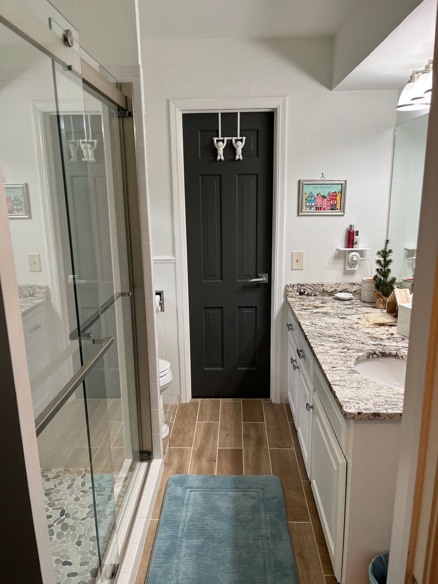 Bathroom with shower, toilet, vanity, dark door, light floor, and blue rug.