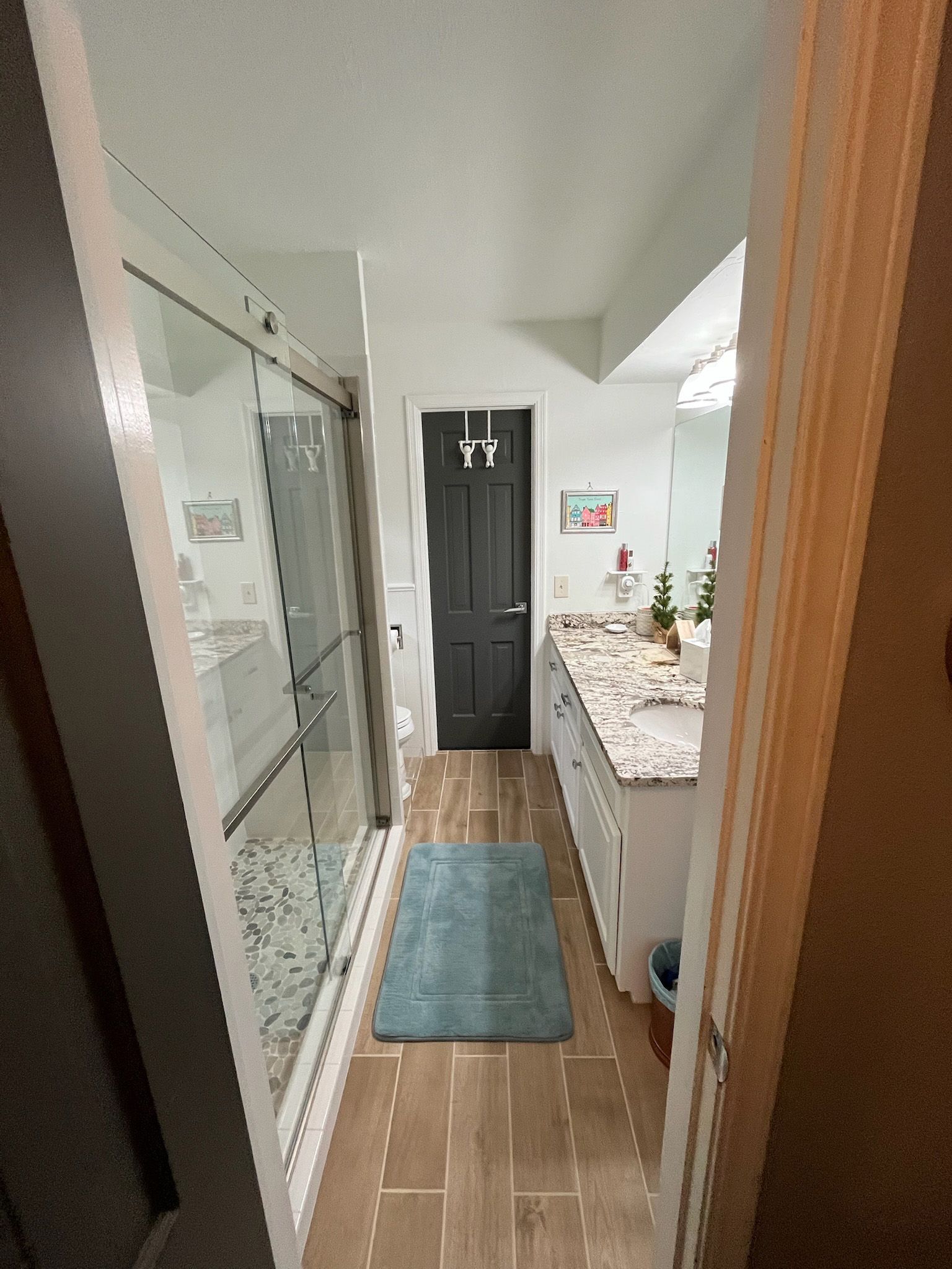 Bathroom with a white vanity, gray door, and a glass-door shower with blue rug.