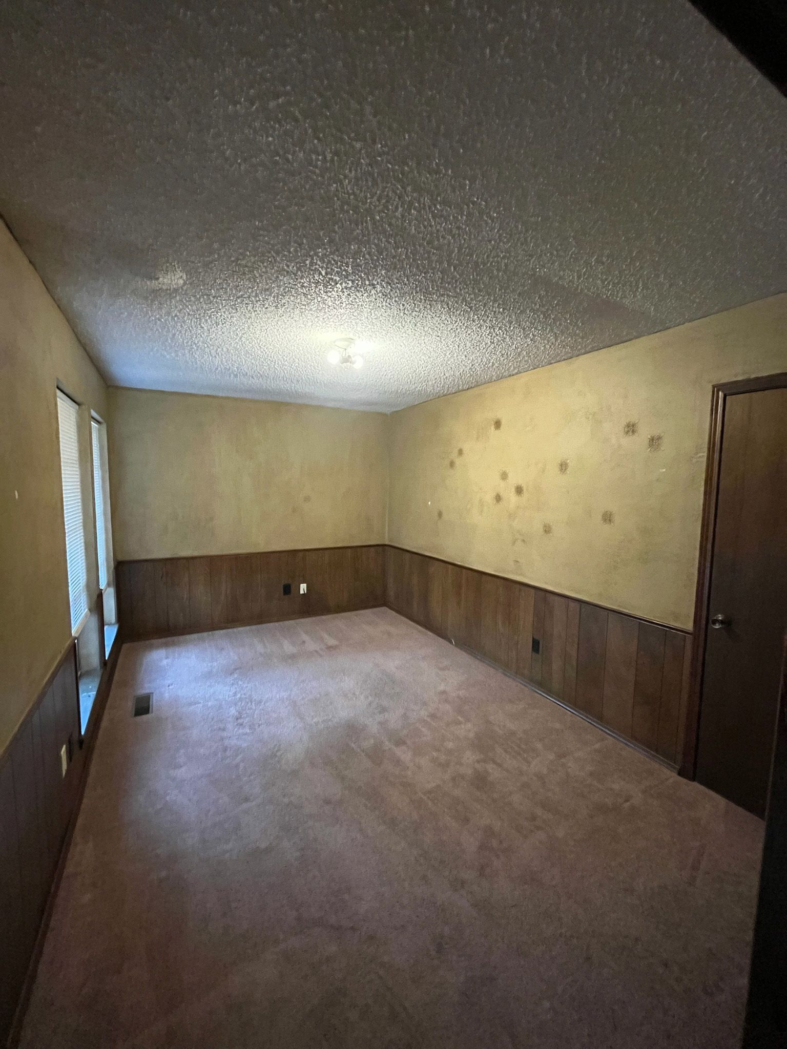 Empty room with pink carpet, wood paneling, yellow walls, and textured ceiling.