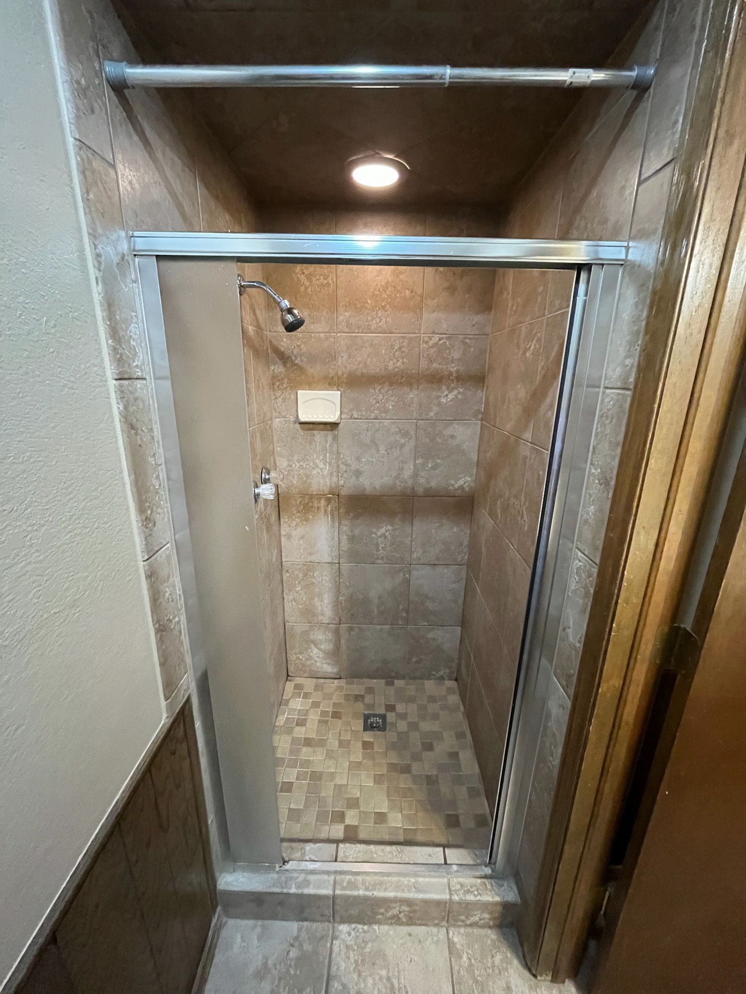 Shower stall with frosted glass door and tiled walls, with light fixture.
