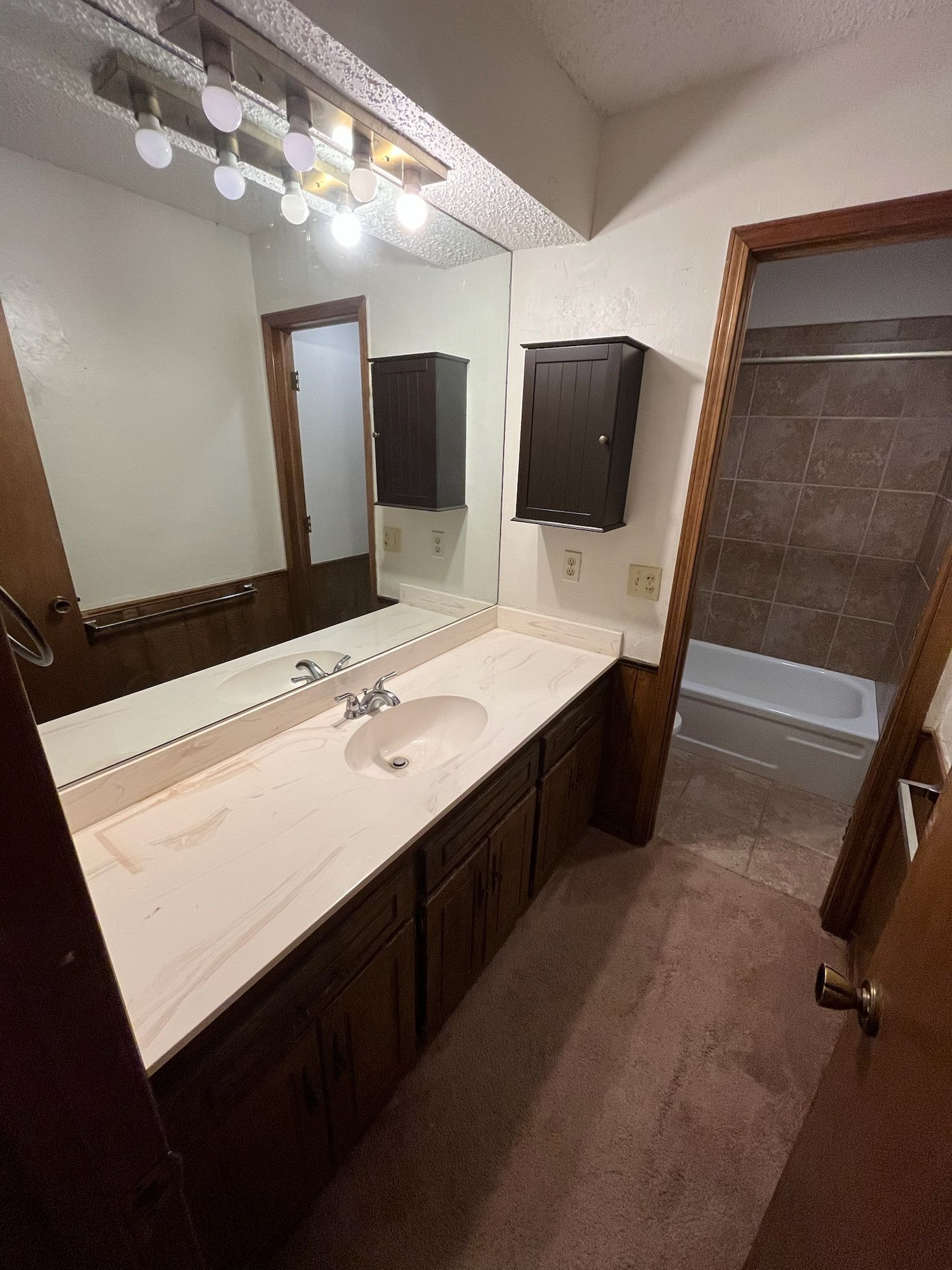 Bathroom with long vanity, mirror, dark brown cabinets, and doorway to a bathtub.