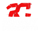 Red, distressed "R" logo above "ROWDY CONCEPTS" text, all on white background.