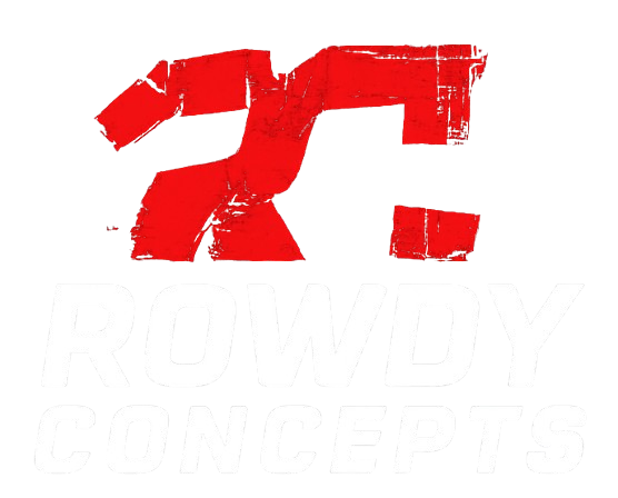 Red, distressed "R" logo above "ROWDY CONCEPTS" text, all on white background.