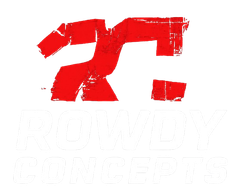 Red, distressed "R" logo above "ROWDY CONCEPTS" text, all on white background.
