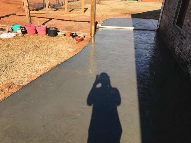 Person's shadow on a gray concrete patio next to a brick building and a grassy yard with colorful pots.