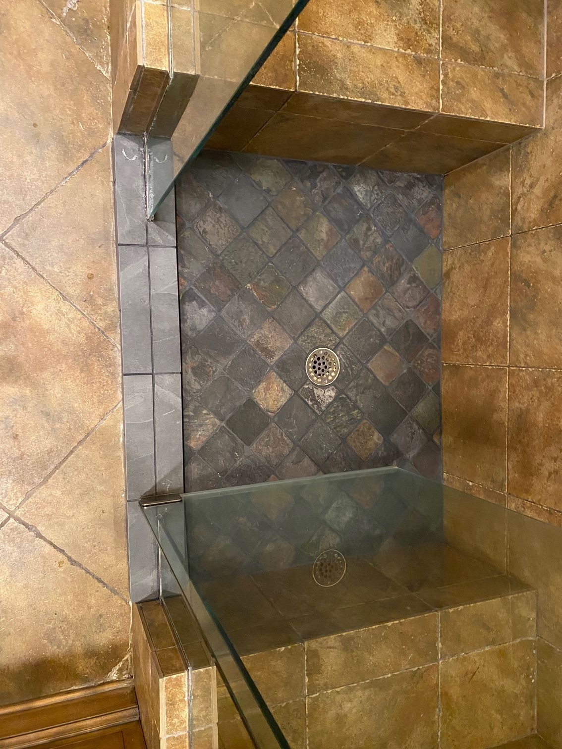 Shower with diamond-patterned dark tiles, surrounded by brown and gold tiles. Glass shower doors.