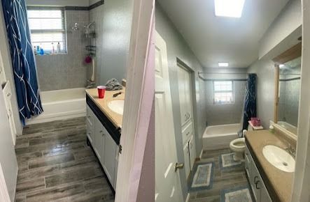 Bathroom renovation, before and after: grey walls, white cabinets, wood-look tile, and light fixture.