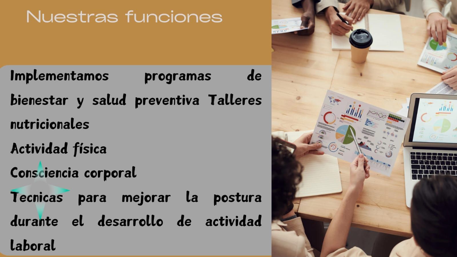 Diapositiva con texto: Implementación de programas de bienestar. Foto de personas reunidas alrededor de una mesa de madera.