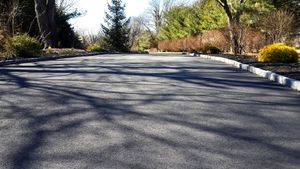 A black asphalt road with trees on the side of it