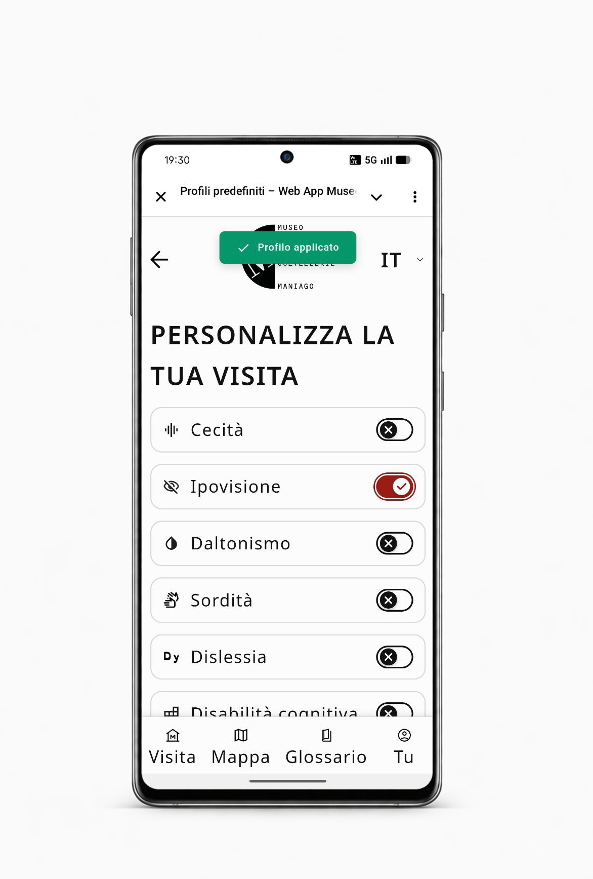 WebApp per la fruizione digitale di contenuti adattati per profili di utenza predefiniti: ipovisione, cecità, sordità, disabilità intellettiva, neurodivergenza, daltonismo, ecc.