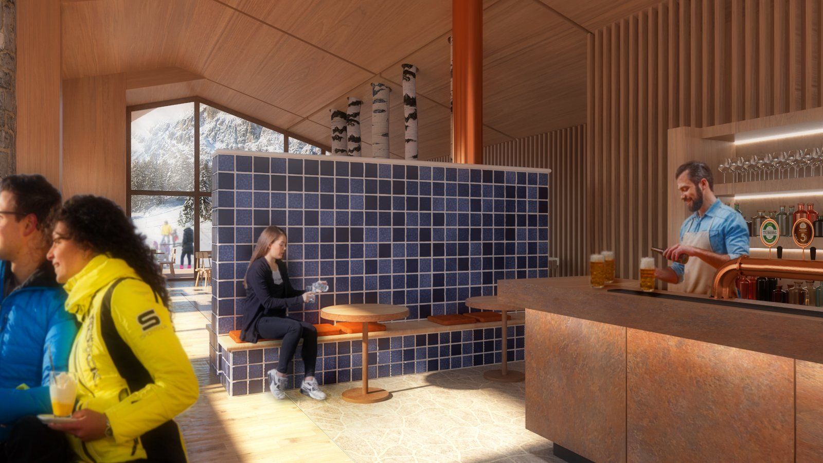 Ristorante vicino alle piste da sci, con aree consumazioni esterne per un pranzo con gli amici tra la neve