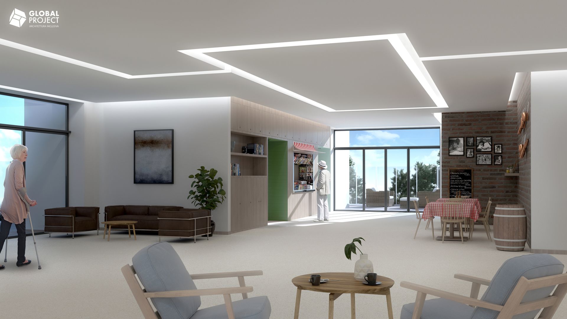 Centro per persone con demenza, vista della sala comune con ambientazioni