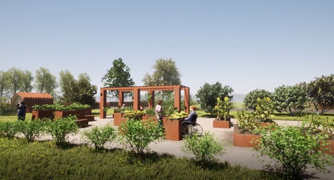 Orti pensili con vasche rialzate per la coltivazione e zona conversazione ombreggiata