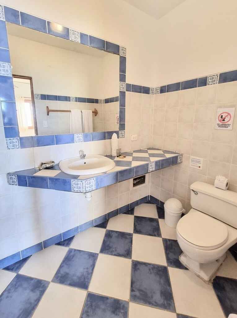 A bathroom with a toilet a sink and a mirror