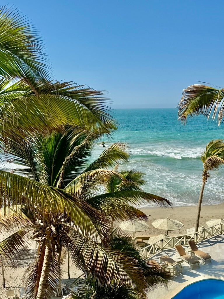 Palm trees frame a beach with turquoise water under a blue sky. Lounge chairs and umbrellas are visible.