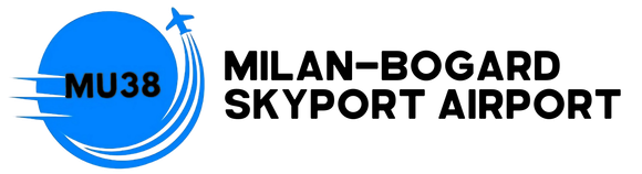 The milan-bogard skyport airport logo is blue and black