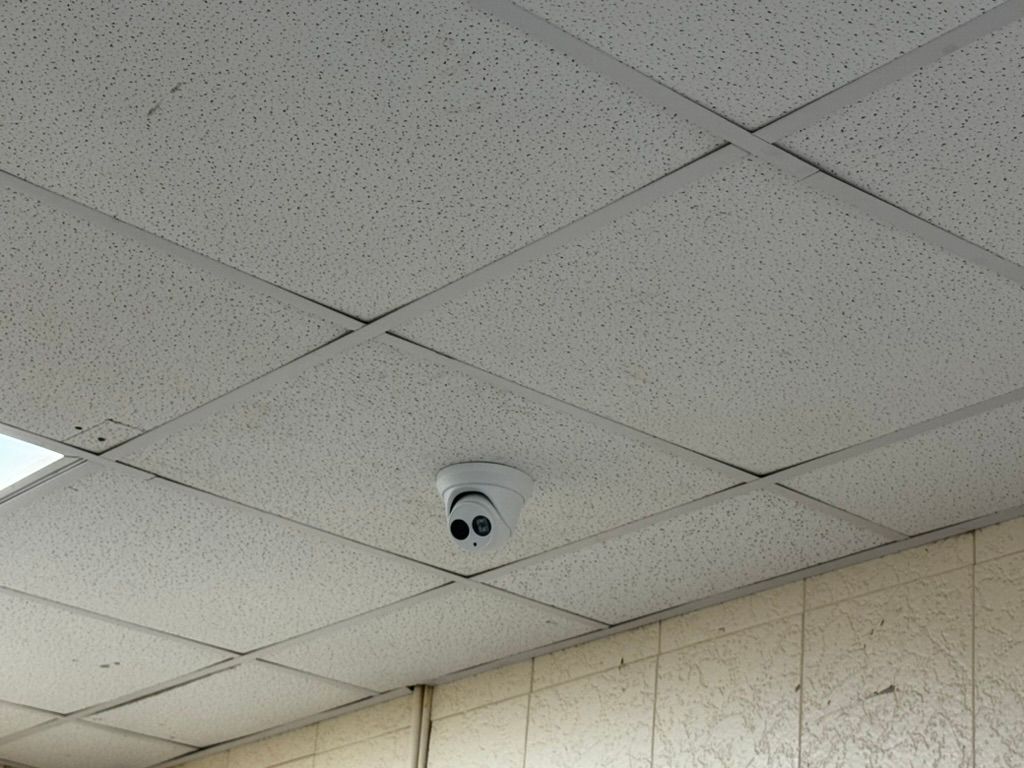 A ceiling with square tiles and a camera on it