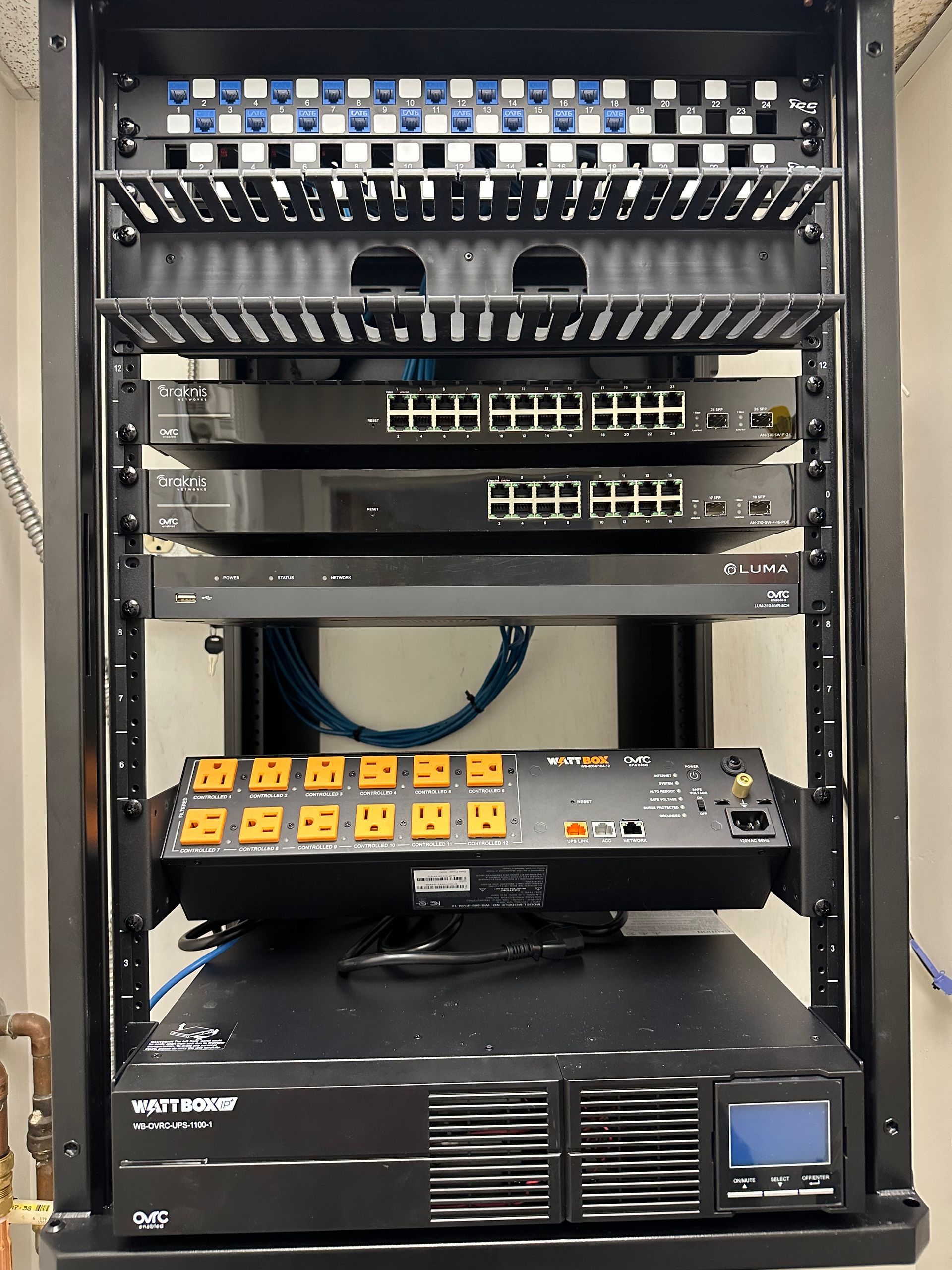 A rack with a bunch of electrical equipment on it