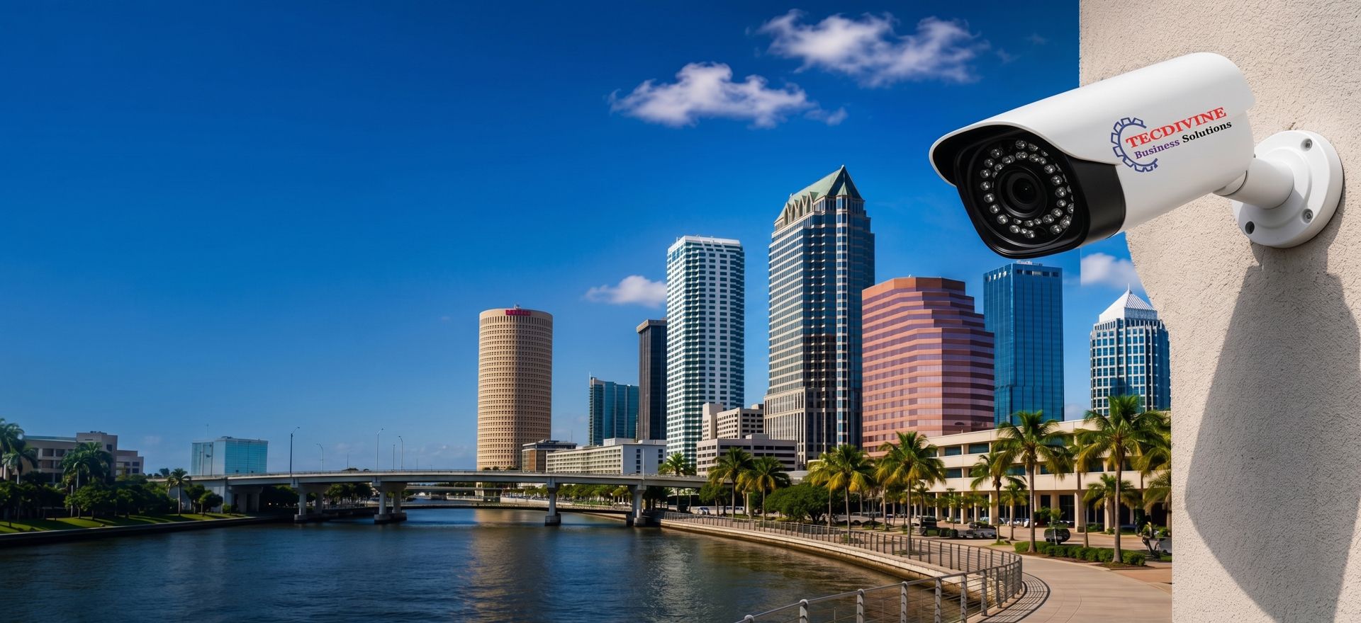City skyline by a river with modern towers and a white security camera in the foreground.