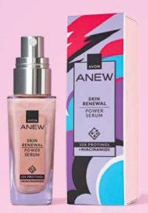 Avon Anew Skin Renewal Power Serum bottle and box on pink background. Purple, silver, and colorful design.