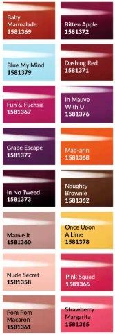 Color swatches, various shades, with names and codes.