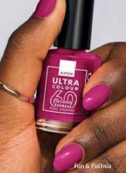 Person holding a bottle of Avon Ultra Colour nail enamel, Fun & Fuchsia. Pink fingernails, black bottle cap.