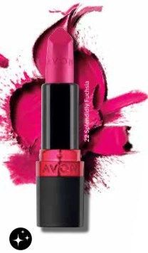 Avon lipstick in Splendidly Fuchsia, a bright pink shade, on a matching background.