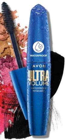 Blue Avon Ultra Volume waterproof mascara with brush, on colorful cosmetic background.