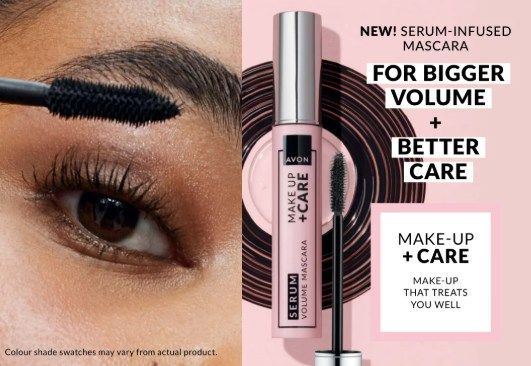 Mascara ad: eye with long lashes, mascara tube, product info
